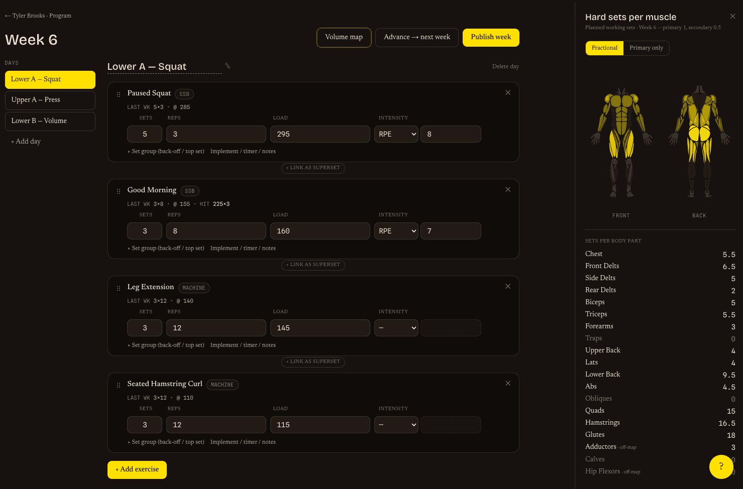 Week editor + volume heat-map